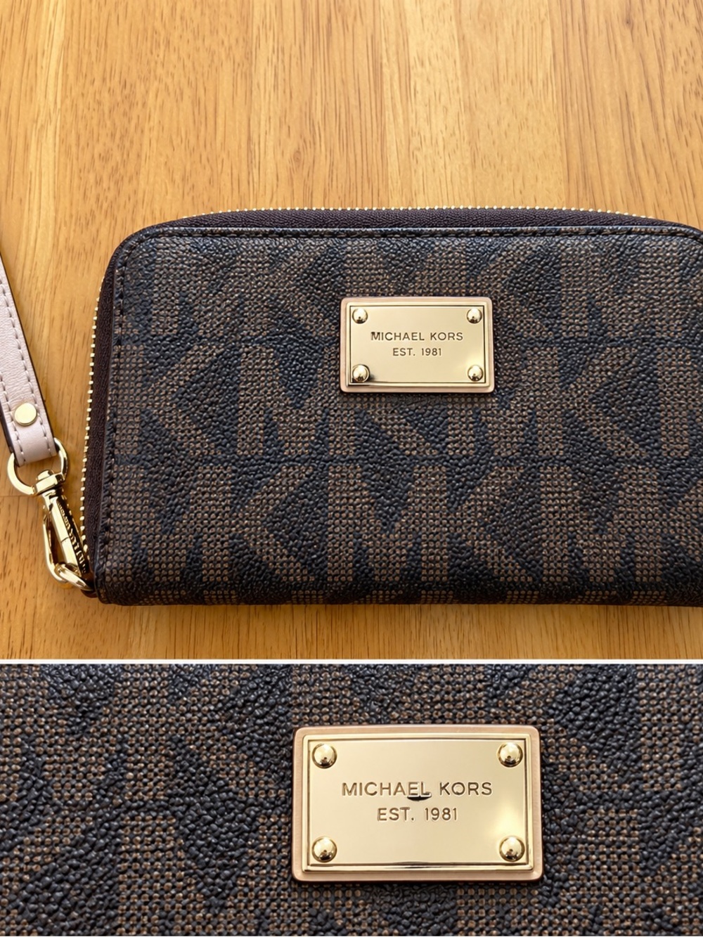 Michael Kors Brown MK Logo Zip-Around Wristlet with Gold Plaque